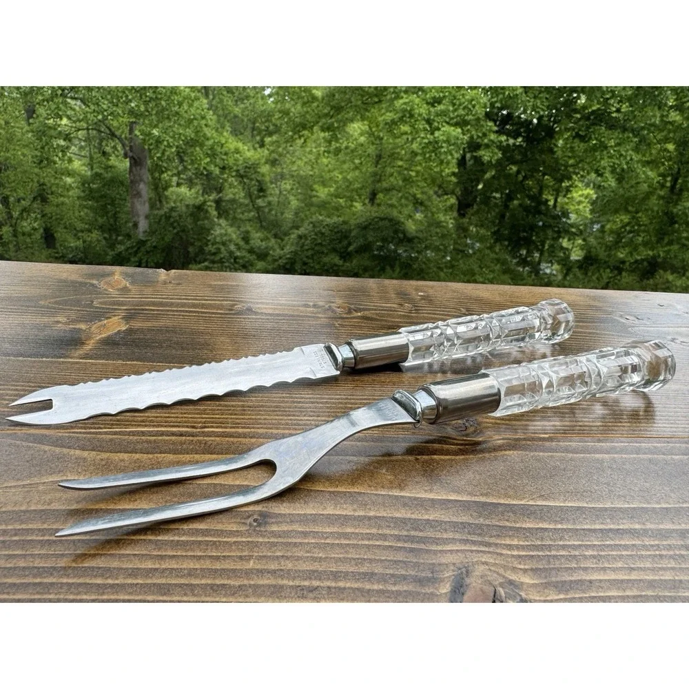 Vintage Lucite Carving Set Serrated Knife Fork MCM Acrylic Handle Japan